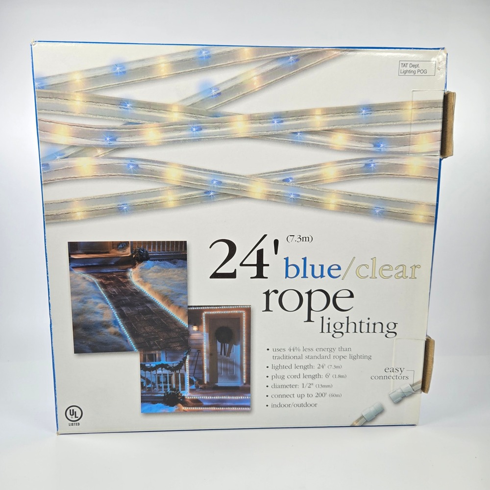 24' Foot Blue Clear Rope Lighting Indoor Outdoor Connectable T70133 Vintage NEW